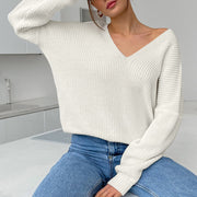 V-Neck Dropped Shoulder Long Sleeve Sweater Trendsi