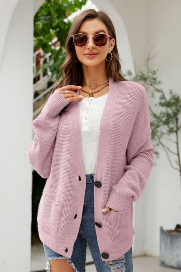 Waffle-Knit Dropped Shoulder Cardigan Trendsi