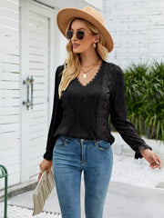 Lace V-Neck Flounce Sleeve Blouse