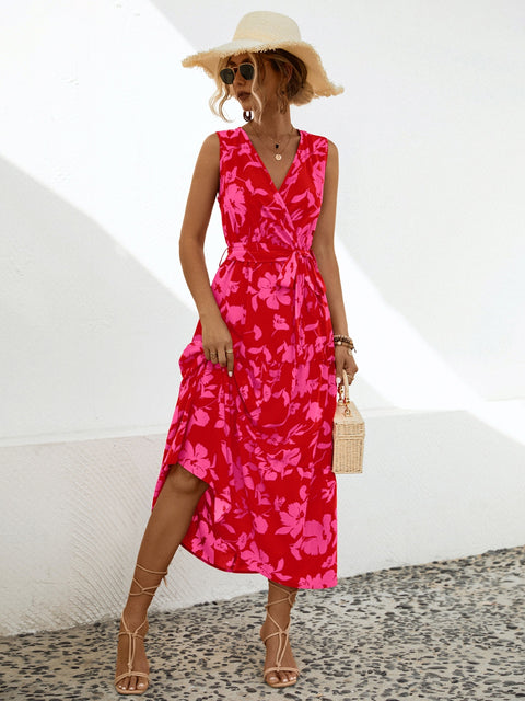 Tied Printed Surplice Tiered Dress Trendsi