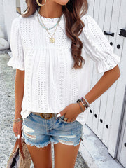 Eyelet Mock Neck Flounce Sleeve Blouse Trendsi