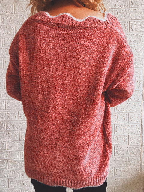 Notched Dropped Shoulder Long Sleeve Sweater Trendsi