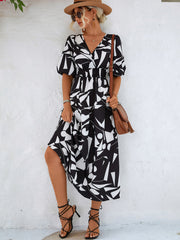 Printed Surplice Balloon Sleeve Dress Trendsi