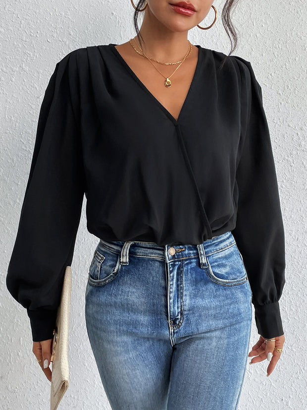 Surplice Ruched Long Sleeve Bodysuit Trendsi