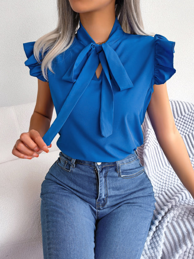 Tie  Neck Cap Sleeve Blouse Trendsi