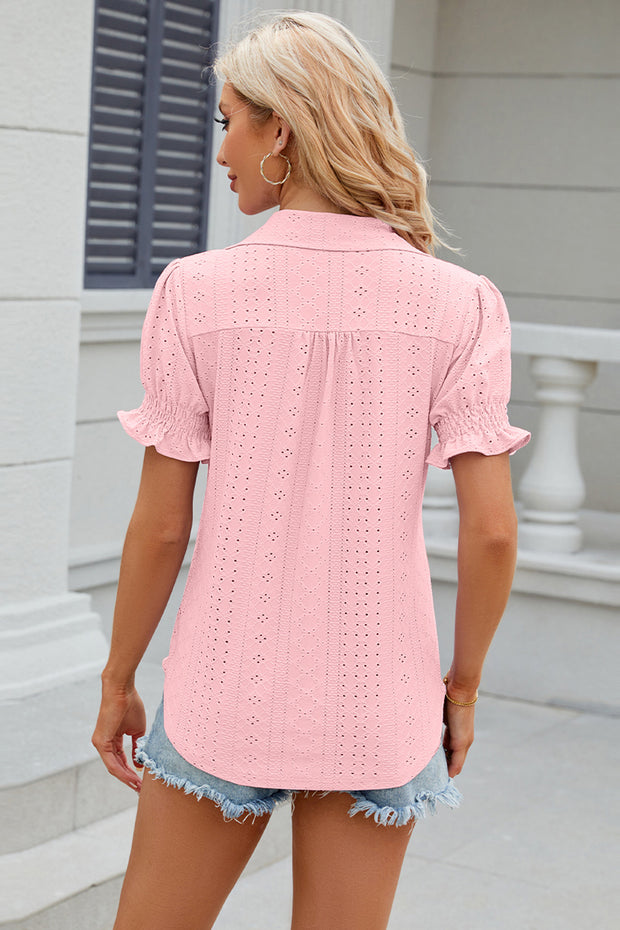 Eyelet Johnny Collar Short Sleeve Blouse Trendsi