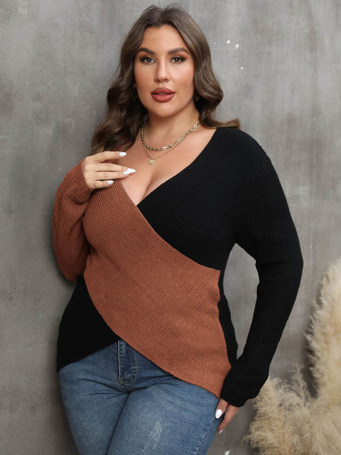 Plus Size Two-Tone Surplice Neck Sweater Trendsi