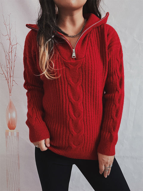 Ribbed Half Zip Long Sleeve Sweater Trendsi