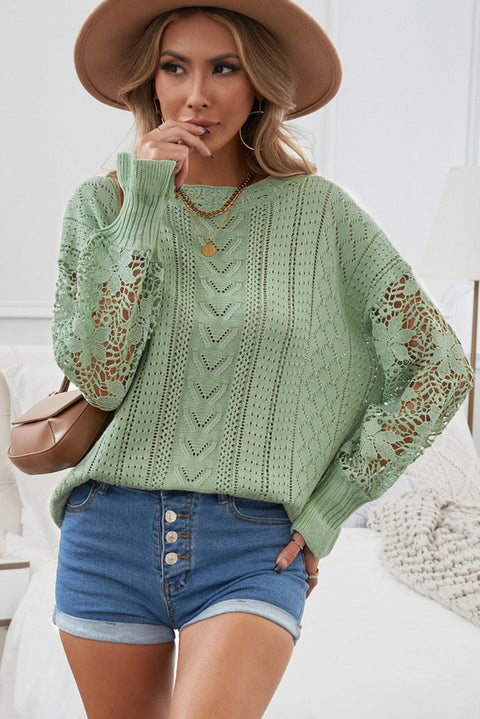 Openwork Lantern Sleeve Dropped Shoulder Sweater Trendsi