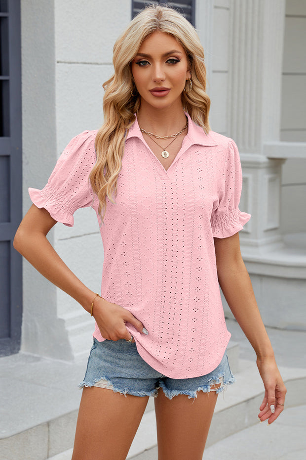 Eyelet Johnny Collar Short Sleeve Blouse Trendsi