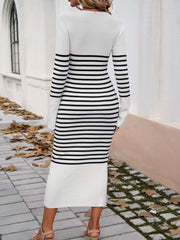 Striped V-Neck Long Sleeve Sweater Dress Trendsi