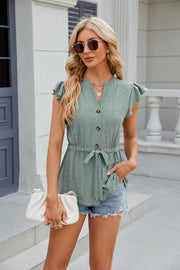 Eyelet Notched Cap Sleeve Blouse Trendsi