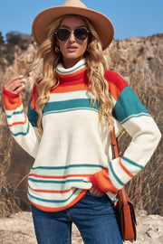 Woven Right Striped Turtleneck Drop Shoulder Sweater Trendsi