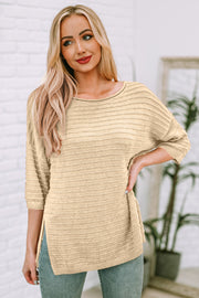 Round Neck Dropped Shoulder Side Slit Pullover Sweater Trendsi