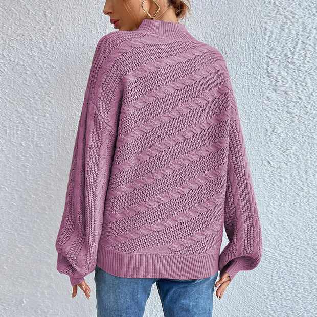 Cable-Knit Mock Neck  Long Sleeve Sweater Trendsi