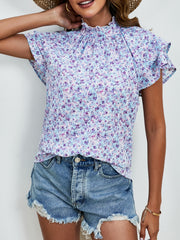 Ditsy Floral Mock Neck Flounce Sleeve Blouse