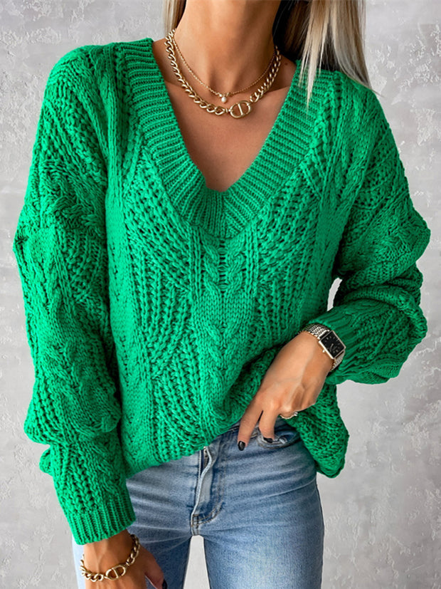 V-Neck Cable-Knit Long Sleeve Sweater Trendsi