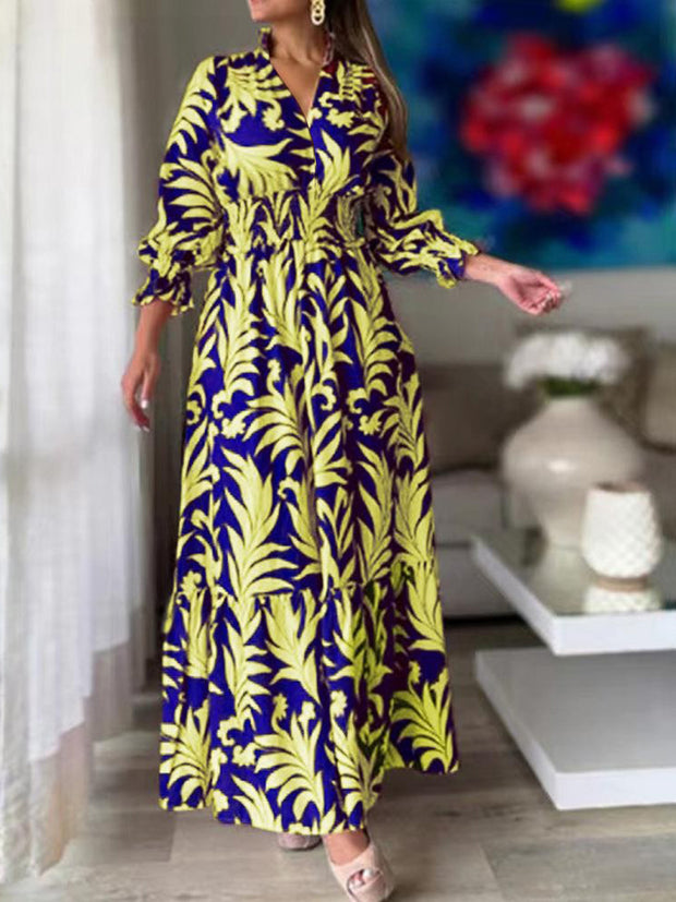 Printed Flounce Sleeve Maxi Dress Trendsi