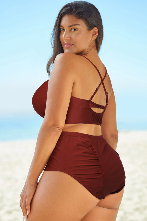 Full Size Halter Neck Crisscross Ruched Two-Piece Swimsuit Trendsi