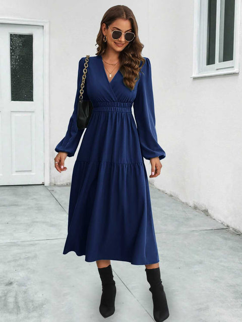 Surplice Neck Long Sleeve Midi Dress Trendsi