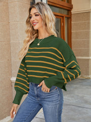 Round Neck Striped Lantern Sleeve Sweater