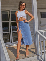 Button Down Denim Skirt Trendsi