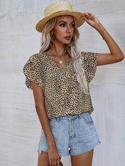 Printed V-Neck Petal Sleeve Blouse Trendsi