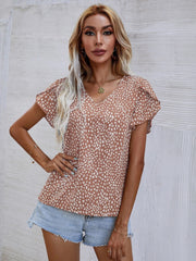 Printed V-Neck Petal Sleeve Blouse Trendsi