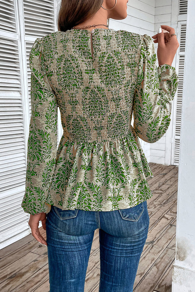 Smocked Printed Balloon Sleeve Blouse Trendsi