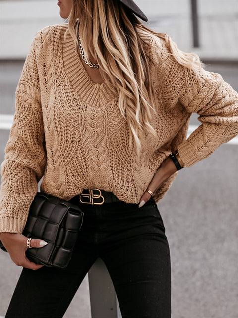 V-Neck Cable-Knit Long Sleeve Sweater Trendsi