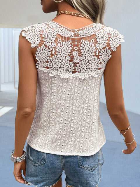 Cutout Lace Detail Notched Blouse Trendsi