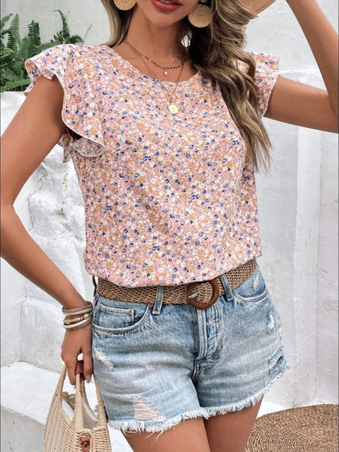 Ditsy Floral Round Neck Cap Sleeve Top Trendsi