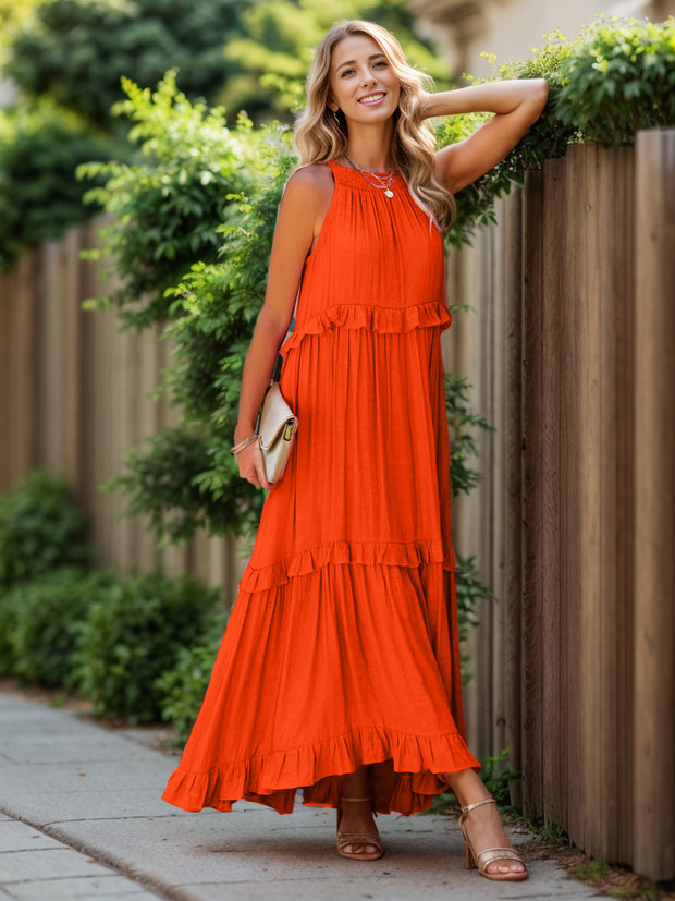 Ruffled Sleeveless Tiered Maxi Dress with Pockets Trendsi