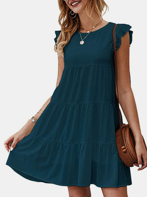 Ruffled Round Neck Cap Sleeve Mini Dress Trendsi