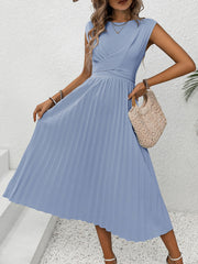 Pleated Round Neck Cap Sleeve Dress Trendsi