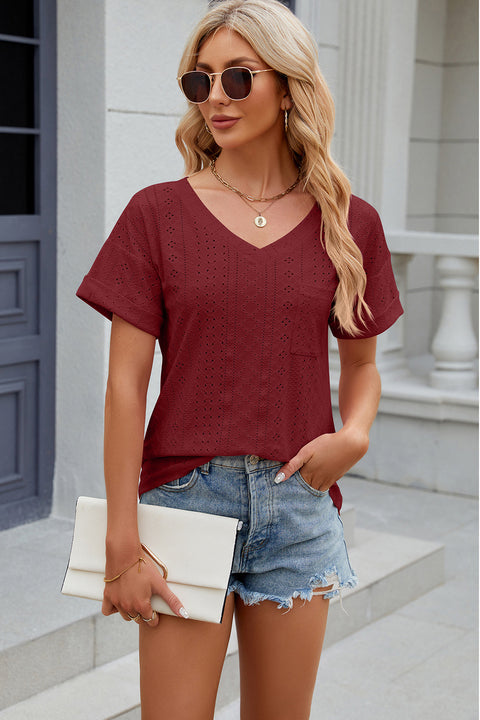 Eyelet V-Neck Short Sleeve T-Shirt Trendsi