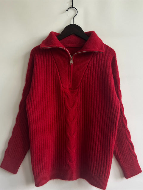 Ribbed Half Zip Long Sleeve Sweater Trendsi