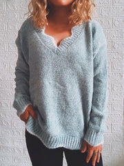 Notched Dropped Shoulder Long Sleeve Sweater Trendsi