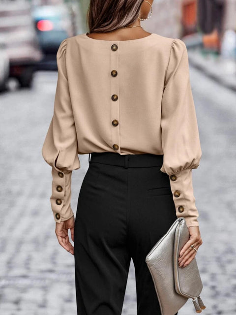 Round Neck Lantern Sleeve Blouse Trendsi