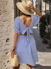 Smocked Striped Balloon Sleeve Mini Dress Trendsi