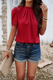 Ruched Mock Neck Short Sleeve Blouse Trendsi