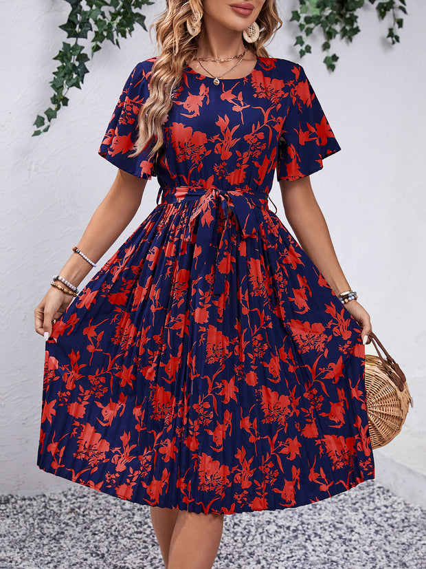 Printed Round Neck Short Sleeve Dress Trendsi