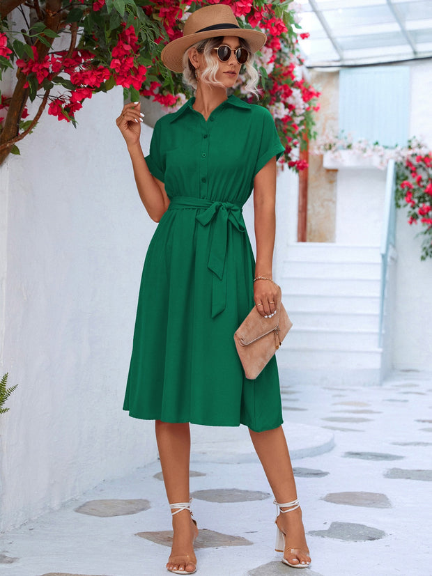 Buttoned Tie Waist Short Sleeve Dress Trendsi