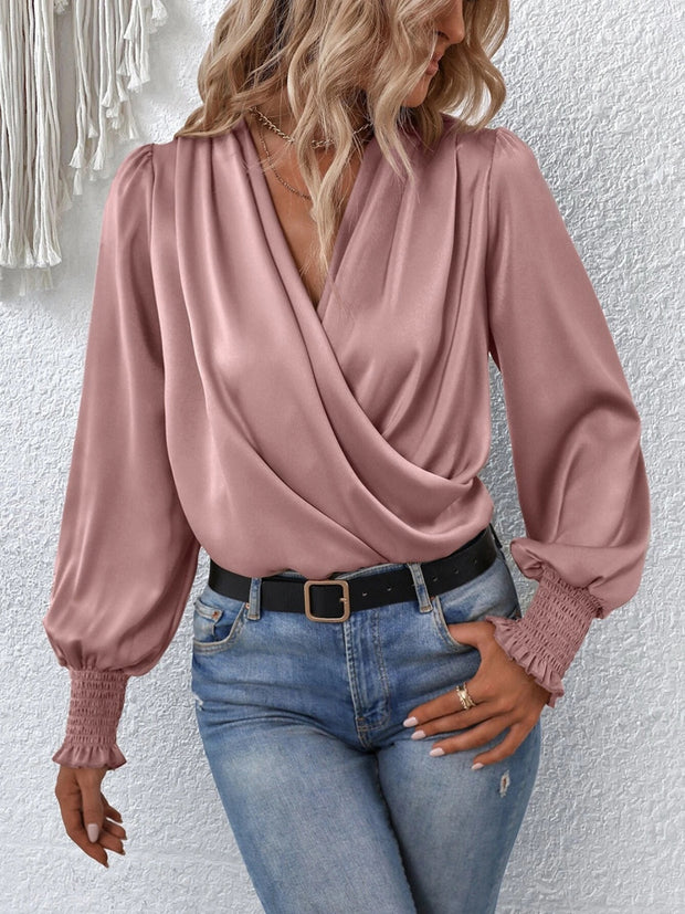 Surplice Smocked Lantern Sleeve Blouse Trendsi