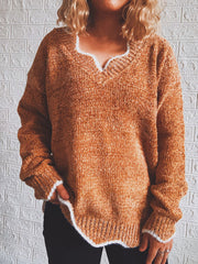 Notched Dropped Shoulder Long Sleeve Sweater Trendsi