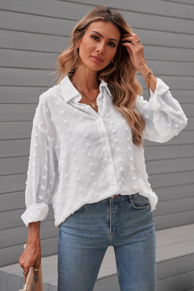 Swiss Dot Button Up Long Sleeve Shirt Trendsi