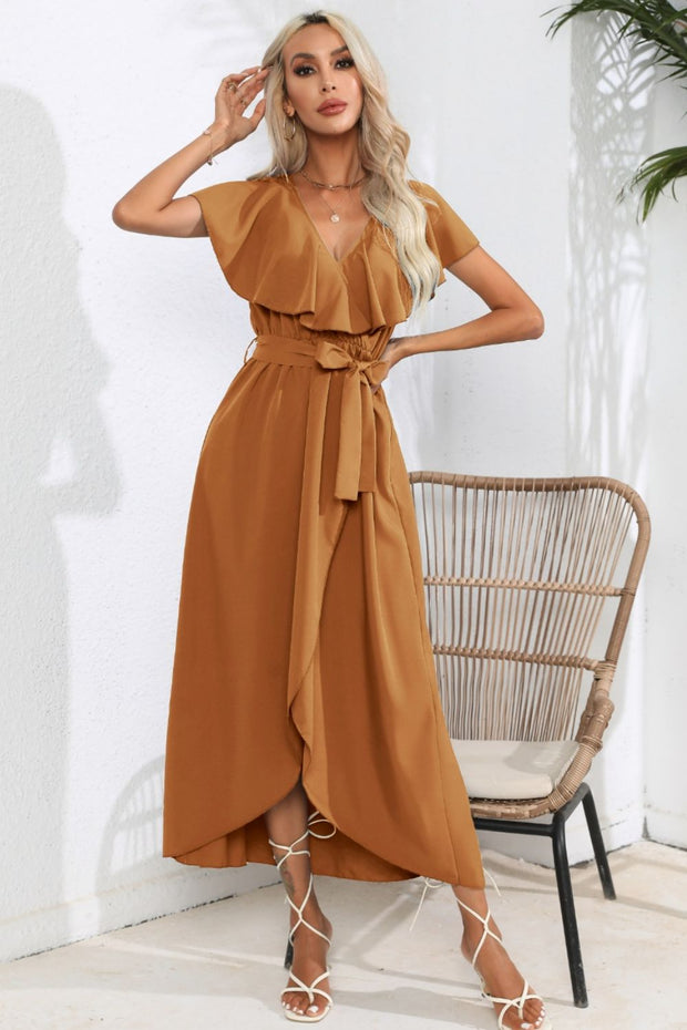 Ruffled Tied V-Neck Midi Dress Trendsi