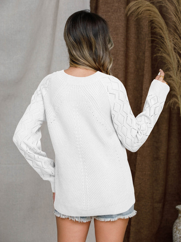 Openwork Round Neck Raglan Sleeve Sweater Trendsi