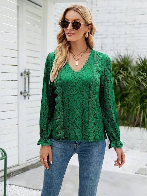 Lace V-Neck Flounce Sleeve Blouse