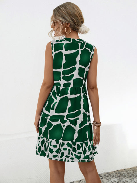 Printed Notched Sleeveless Tiered Dress Trendsi